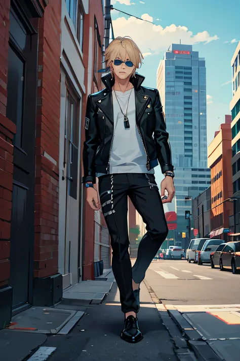 ultra detail, high quality, detailed face,1 man,cool bad guy downtown ,blonde, light blue eyes,Tsurime,look up,beautiful and fine eyes, hip hop,headphones,spray wall art,full body shot,leather jacket, Depth of the bounds written, upper body whole body