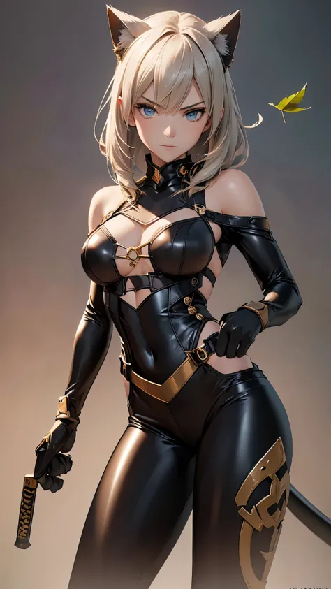 A 20-year-old ninja girl with a slim figure, medium-sized breasts, and long legs. Her face is highly detailed in 4k resolution. She is dressed in a tight-fitting black latex ninja suit. The action scene captures her slicing a falling leaf in half with a ka...