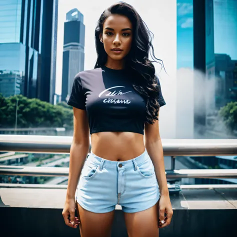 gorgeous woman with wavy hair detailed alluring eyes Thigh gap long sexy legs wearing tiny shorts tshirt in beautiful futuristic cyberpunk+ city, mist, wet, raining, best quality masterpiece, photorealistic, detailed, 8k, HDR, shallow depth of field, broad...