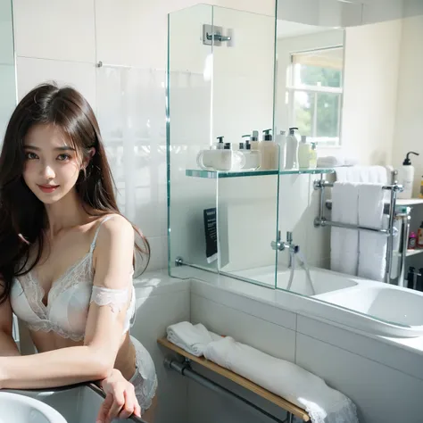 (A young woman of about 20 wearing white lace lingerie in the bathroom:1.6),（healthy body proportions:1.25，long black hair，(Looking into the camera with a smile:1.3)，(Behind is a bathroom mirror:1.2)，(D cup:1.3),Big breasts，white bathtub，shower curtain，(8k...