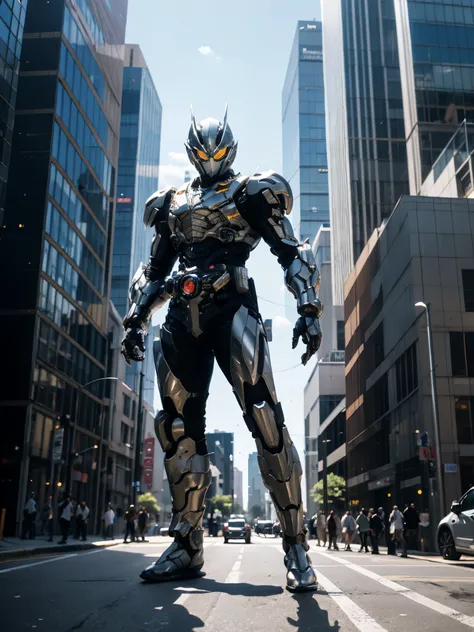 a super  a high-tech biotech battle suit, standing on a rooftop, looking over the city, japanese tokusatsu and american comic st...