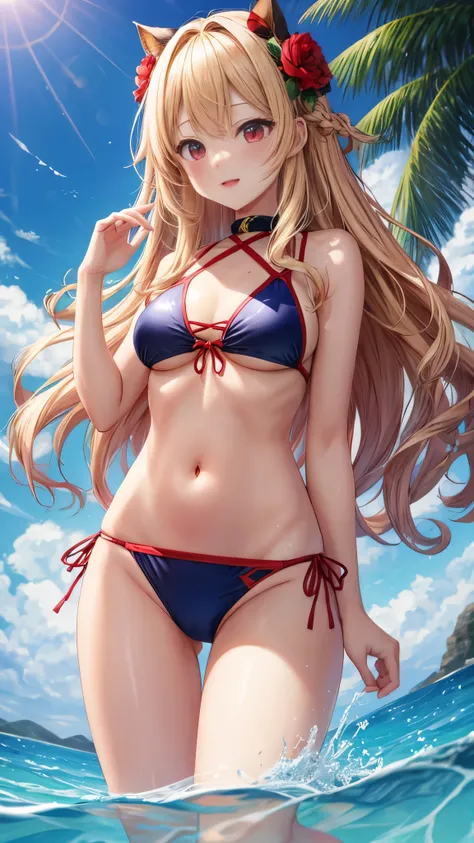 highest quality、High resolution、Wavy blonde、long hair、red eyes、One pretty girl、alone、anime、swimsuit、The navel is visible、I can see your stomach