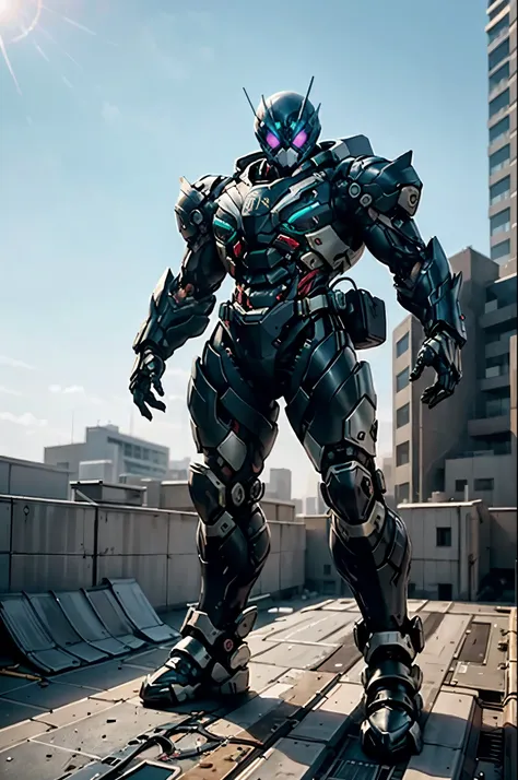 a super a high-tech biotech battle suit, standing on a rooftop, looking over the city, japanese tokusatsu and american comic sty...