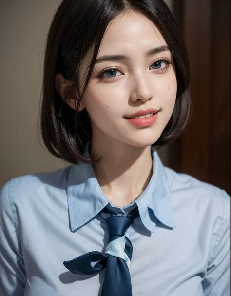 highest quality, muste piece, Super high resolution, (realistic:1.4), Raw photo, 1 girl, KｰPOP Idol, short hair,fine eyes,(realistic eyes),delicate face,realsKin,detailed hair,Detailed sKin,beautiful face,smile、a close up of a woman wearing a gray shirt an...