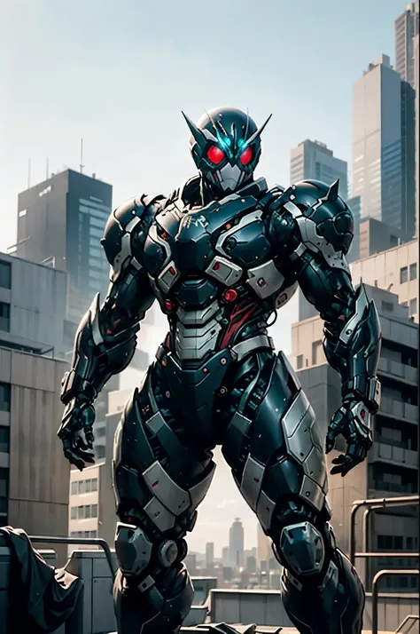 A super a high-tech biotech battle suit, standing on a rooftop, looking over the city, Japanese tokusatsu and American comic style, biometallic texture of the suit, sleek and shiny, dynamic, fast, natural light, cinematic, high quality, high resolution, hi...