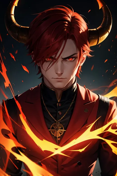 man with demon features short red hair with horns eyes shining anime