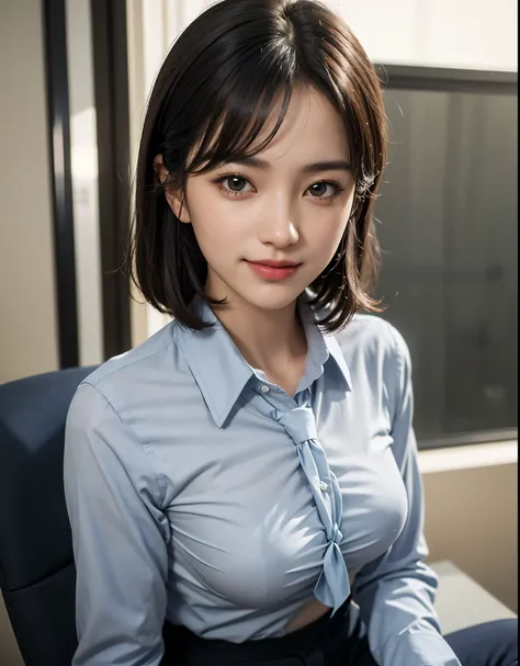 highest quality, muste piece, Super high resolution, (realistic:1.4), Raw photo, 1 girl, KｰPOP Idol, short hair,fine eyes,(realistic eyes),delicate face,realsKin,detailed hair,Detailed sKin,beautiful face,smile、small breasts,gray shirt and black pants, ((w...