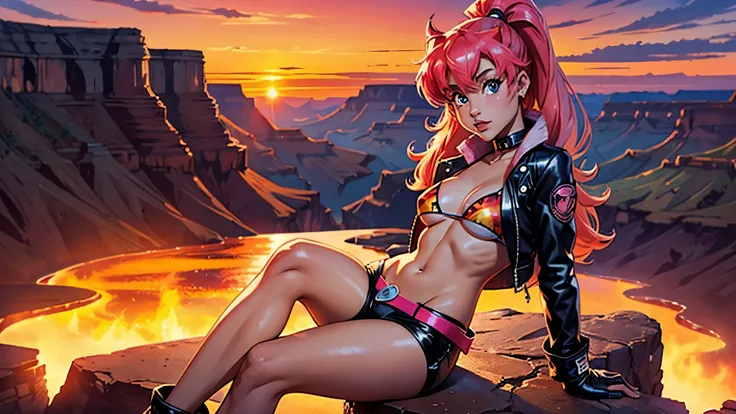 (4k definition) Ariana Grande from tenguen toppa gurren laggan, cute. bikini top with flames print under leather jacket, black leather shorts,, gloves, sitting, looking at the viewer, background: grand canyon, beautiful sunset