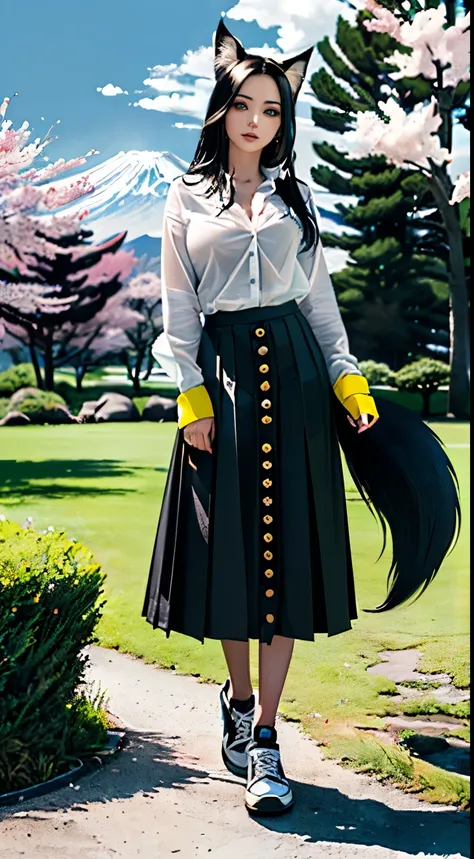 ((Beautiful 35_year_old japanese_yokai_woman with pale skin):1.5), ((long_black_hair and black_yokai_fox_ears and yokai_fox_tail):2), ((standing_straight):1), ((japanese_woodlands):1), ((sagging_breasts):1.8), ((breasts_apart):1.5), ((wearing loose_long_sk...