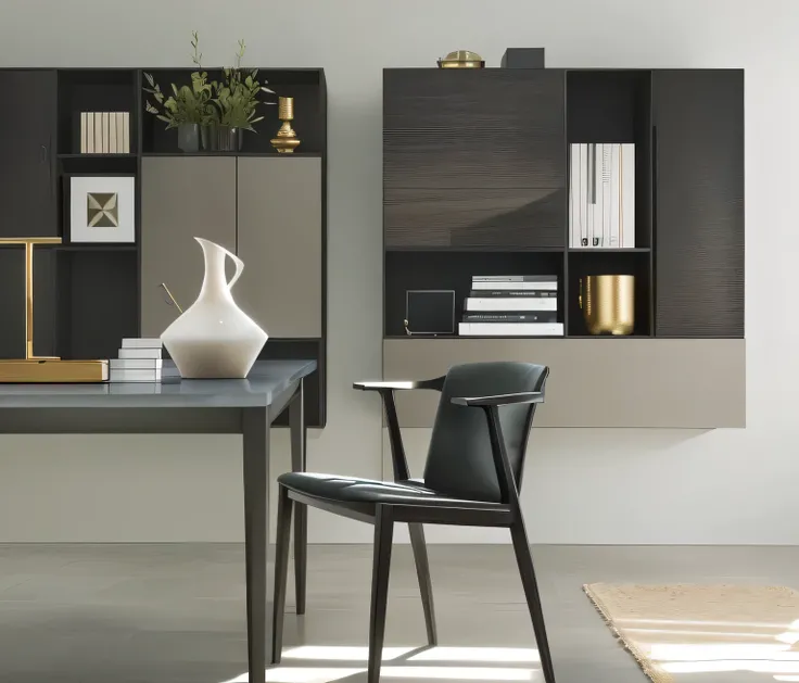 There is a vase on the table，There is a chair in front, grain”, ocher, furniture设计, designer furniture, minimally modern,  furniture, author：Alfredo Volpi, office furniture, minimalist home office, Sharp and detailed, very Sharp and detailed, Black furnitu...