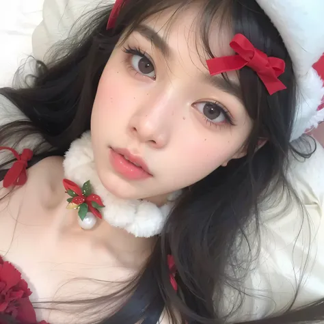 a close-up of a woman wearing a Santa hat and a red dress, Ulzzang, sakimichan, linda garota kawaii, Bela Delfina, retrato realista kawaii, pale, snow-white skin, rosto de anime natural fofo, muito linda gatinha fofa, adorable and pale korean face, ruan fo...