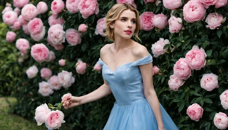 There is a beautiful girl "Emma Roberts", em um vestido de baile Azul, in a place where there are many pink and white roses growing on a bush, Roses in cinematic light, jardim de rosas, Flores enormes, belas flores crescendo, rosas-brambles, Rosas, beautif...