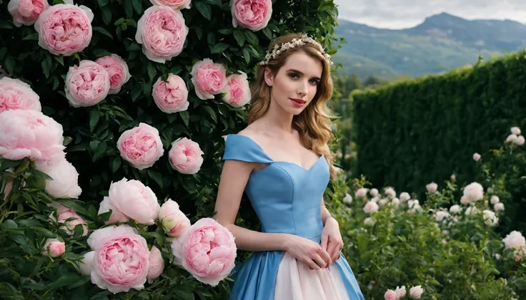 There is a beautiful girl "Emma Roberts", em um vestido de baile Azul, in a place where there are many pink and white roses growing on a bush, Roses in cinematic light, jardim de rosas, Flores enormes, belas flores crescendo, rosas-brambles, Rosas, beautif...