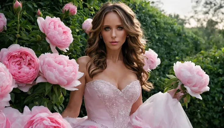 There is a beautiful girl "Jennifer ama Hewitt", em um vestido de baile Rosa, in a place where there are many pink and white roses growing on a bush, Roses in cinematic light, jardim de rosas, Flores enormes, belas flores crescendo, rosas-brambles, Rosas, ...