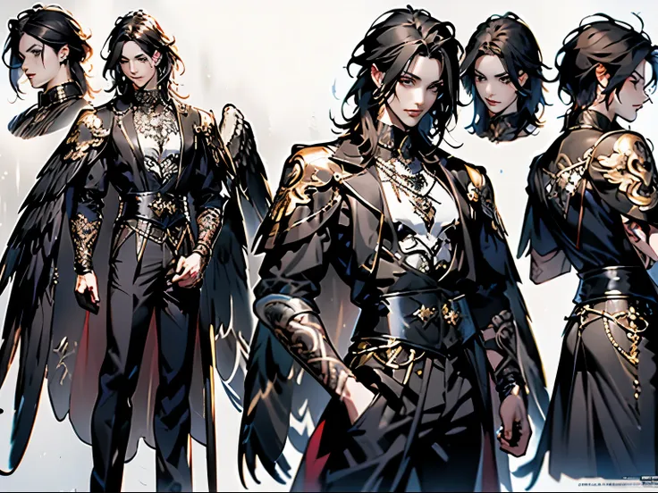 character sheet, full body, front and side view, handsome angel man, black hair, gothic clothing, perfect face, 2 big white wing...