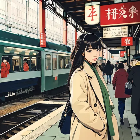 high resolution、Illustration style、Showa Anime、ukiyoe painting、((woman))、Tokyo、((fashion))、The background is the station、26 years old、winter、Shinkai Makoto style