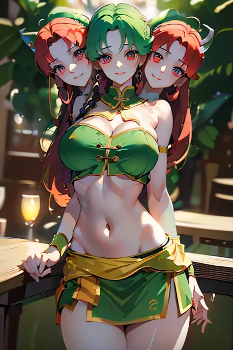 (masterpiece, best quality),best quality, best resolution, (ultra-detailed), (3heads:1.5), 1girl, (hong meiling:1.3), masterpiece, best quality, green top, crop top, ((stomach)), midriff, ((groin)), green skirt, miniskirt, normal ears, shackles, red hair, ...