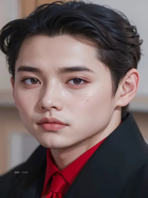 Imagen arafed de un hombre con corbata roja y chaqueta negra., yanjun chengt, inspirado por Zhang Han, young pale angel, pale korean adorable face, cai xukun, inspirado en Wuzhun Shifan, inspirado en Bian Shoumin, sus ojos brillan de color rojo, handsome p...