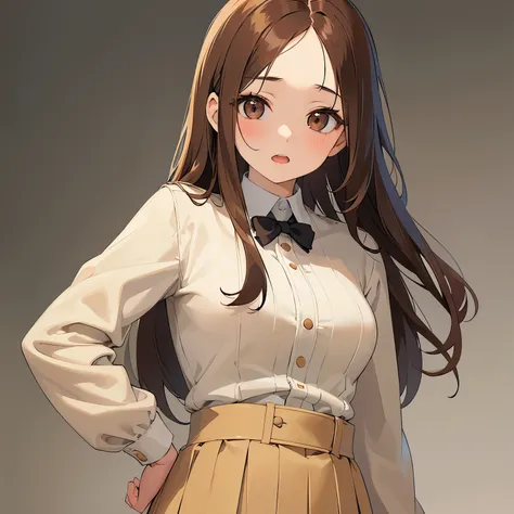 clothes lift, masterpiece、highest quality、 forehead, A 25-year-old woman with medium long hair and brown eyes with bright chestnut bangs.、wearing a beige suit、wearing a beige skirt、shy, open mouth, Are standing、The background is an office、bold composition、...