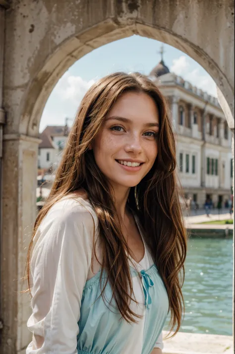 https://.seaart.ai/explore/detail/cm1k3gde878c73ci32n0 hyper realistic, freckles, beautiful brunette smiling, long hair, half body