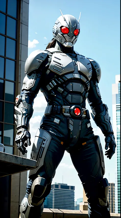 A super a high-tech biotech battle suit, standing on a rooftop, looking over the city, Japanese tokusatsu and American comic style, biometallic texture of the suit, sleek and shiny, dynamic, fast, natural light, cinematic, high quality, high resolution, hi...