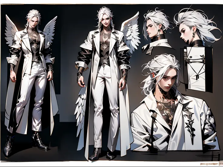 reference sheet 3 elements, full body, front and side view, handsome angel man, 18 years old, 2 white wings, bare chest, leather...