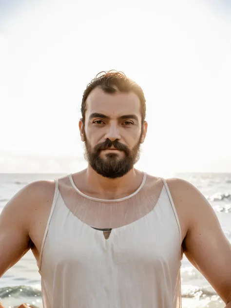 HOMEM VESTIDO DE TERNO FRENTE AO  MAR NO SOL DA MANHA