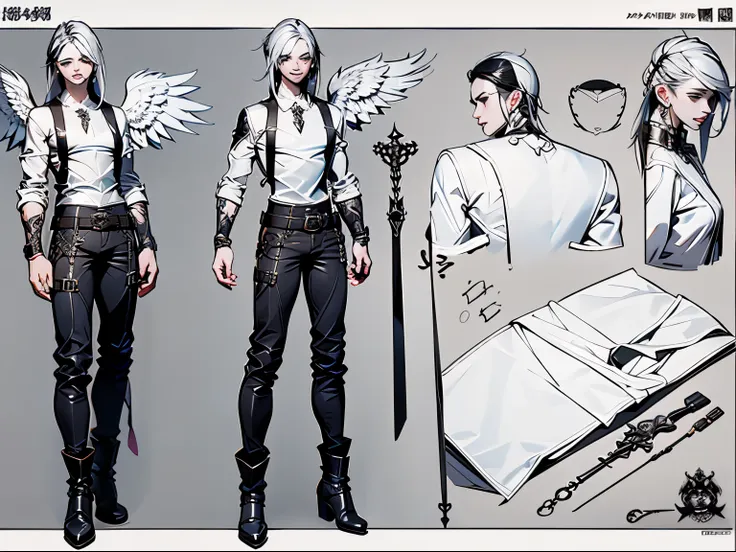 reference sheet 3 elements, full body, front and side view, handsome angel man, 18 years old, 2 white wings, bare chest, leather...