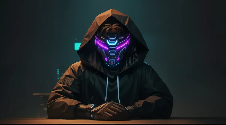 (awesome scene) male rapper with wearing cybernetic led mask with long  with black hair sash in his hair on a table as if he were on a camera podcast positioned below the shoulder line and the man with the gloved hand on the chin and background of a cyber ...