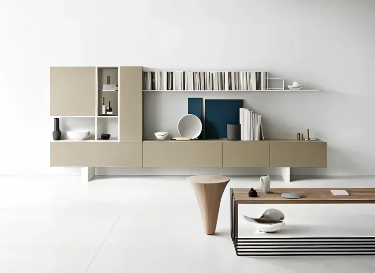 There is a white room，There are bookshelves and tables inside, designer furniture,  design, minimally modern,  furniture, Furniture design, elegant minimalism, Clear and smooth lines,  design, Stylish utopian design, Modern and 设计, Round and smooth shape, ...