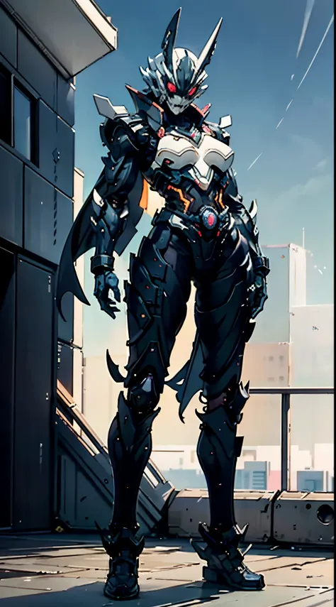 A super a high-tech biotech battle suit, standing on a rooftop, looking over the city, Japanese tokusatsu and American comic style, biometallic texture of the suit, sleek and shiny, dynamic, fast, natural light, cinematic, high quality, high resolution, hi...