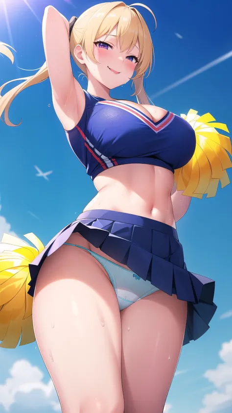 (best quality:1.5, highres, UHD, 4K, detailed lighting, shaders), blonde pigtails, large breasts, thighs, crotch, cheerleader outfit, cleavage, crop top, skirt, sexy, erotic, lewd, seductive, perverted, hentai, flirting, smiling, blushing:1.4, skirt lift, ...