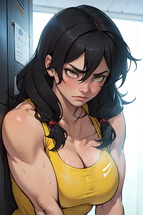 muscular yellow eyes pale skin girl sad cleavage blushing frown sweaty big breasts black hair perfect quality