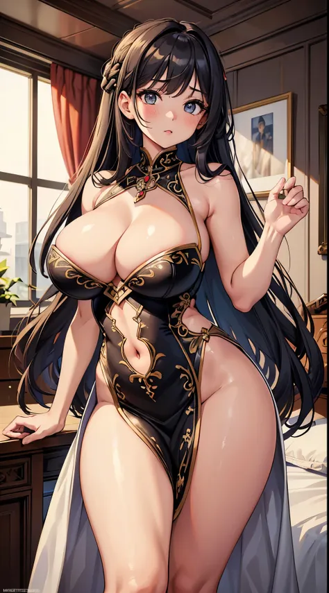 1girl, beautiful hair, long hair, best quality, (masterpiece:1.5), masterwork, (ultra detailed:1.3), detailed face, detailed skin, shiny skin, thick thighs, huge breasts, tight sexy dress, detailed eyes, perfect face, pokies, curvy, (camel toe:0.8), (choke...