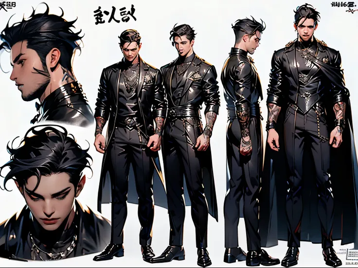 character sheet 3 elements, full body, front and side view, handsome vampire boy, badass, 18 years old, black leather clothing, ...