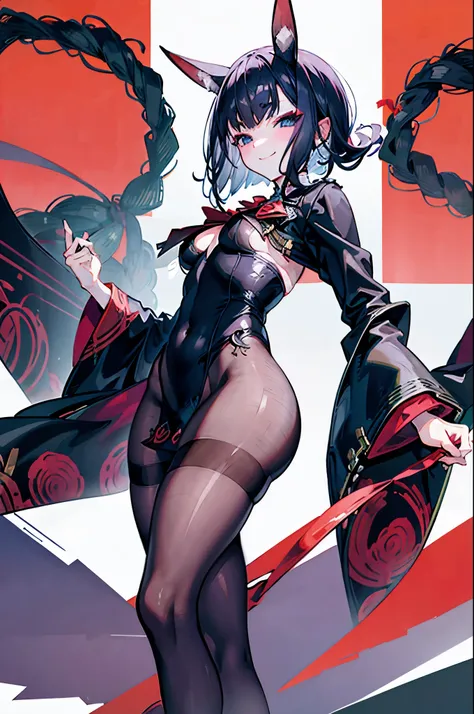 Carefully draw the face　High-quality faces in anime style　big breasts　big butt　Whip thighs　String Suit　black pantyhose with red lines　lure　smile　back view