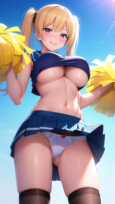 (best quality:1.5, highres, UHD, 4K, detailed lighting, shaders), blonde pigtails, large breasts, thighs, crotch, cheerleader outfit, crop top, skirt, sexy, erotic, lewd, seductive, perverted, hentai, flirting, smiling, blushing:1.4, skirt lift, panties, s...