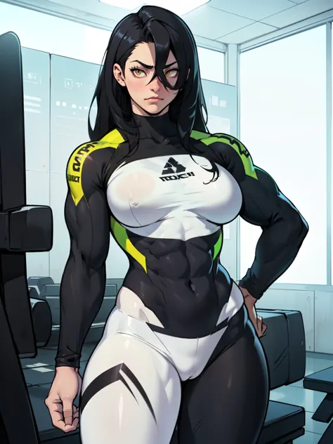 sad girl (((muscular girl large breasts thick toned body mechasuit))) pale skin black hair yellow eyes sad thin waist long abs leggings bodysuit (((muscular girl large breasts thick toned body mechasuit)))