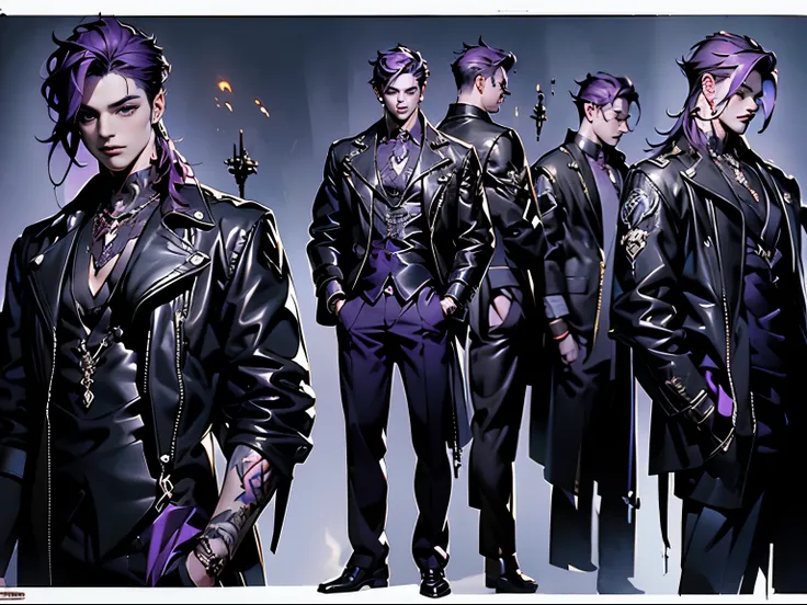 character sheet 3 elements, full body, front and side view, handsome vampire boy, badass, 18 years old, black leather clothing, ...