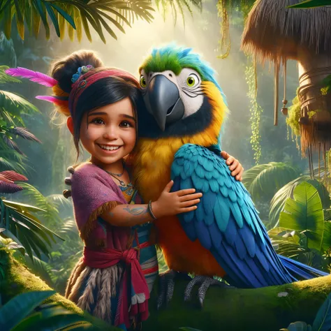 there is a girl hugging a parrot in a jungle, in the croods movie style, pixar portrait 8 k photo, disney pixar 8 k photo, 4k highly detailed digital art, maya 8 k, adorable digital painting, inka harpy girl, childrens art in artstation, epic digital art i...