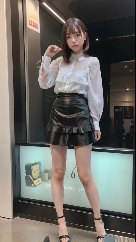 Silver satin ruffled blouse, black mini skirt