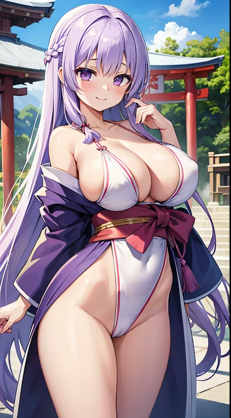 1 girl, game cg, kimono on swimsuit, gigantic breasts, light purple hair, long hair, french braid, purple eyes, Japanese shrine, dynamic, smile, blush,