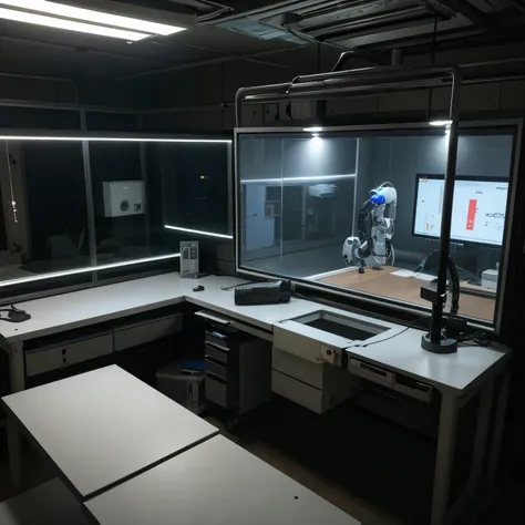 laboratory，Human body sealed cabin，Robotic arm，computer equipment，Realistic，8k，dim lights，