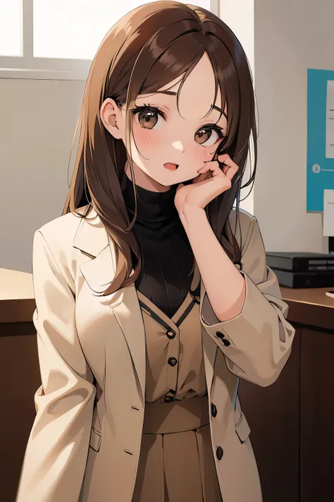 Resting hand on chin, masterpiece、highest quality、 forehead, A 25-year-old woman with medium long hair and brown eyes with bright chestnut bangs.、wearing a beige suit、wearing a beige skirt、Thighs are visible、shy, open mouth, Are standing、The background is ...