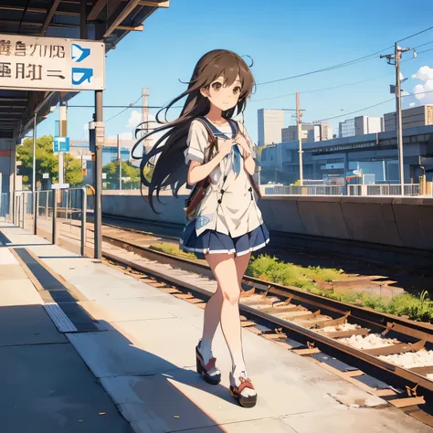 anime girl with long hair walking on a train platform, kantai collection style, railgun, konpeki no kantai, kantai collection ar...