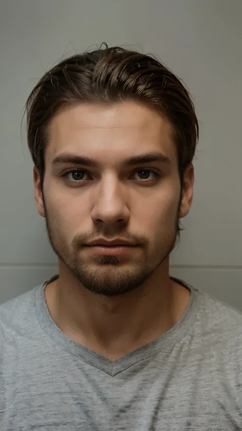 Um jovem do sexo masculino de 26 anos com 186cm, olhos verdes, uma pinta preta no lado esquerdo do rosto abaixo do olho do lado esquerdo, with a not very large beard and blond hair. Cabelo partido pro lado esquerdo, low and with a stripe on the head divide...