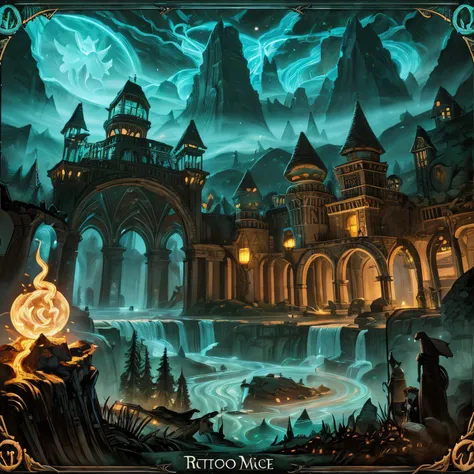 Crie um modelo para cartas de um jogo, inspirado no estilo de Magic: The Gathering. Develop vivid, detailed illustrations to represent creatures, spells and lands. Be sure to include areas for essential information, como nome, custo, skills and description...