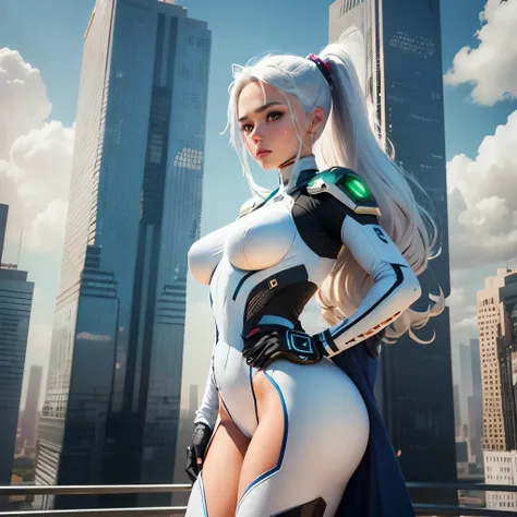 hyperdetailed anime realistic girl, white hair, white bodysuit with blue technology and giant guns, beautiful face, standing on green field on edge of building looking onto a futuristic white city during the day, MeinaUnreal model.  --auto --s2