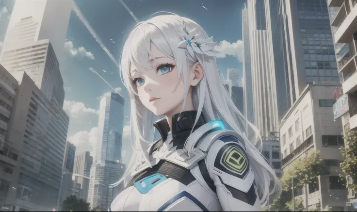 hyperdetailed anime realistic girl, white hair, white bodysuit with blue technology and giant guns, beautiful face, standing on green field looking onto a futuristic white city during the day, MeinaUnreal model.  --auto --s2