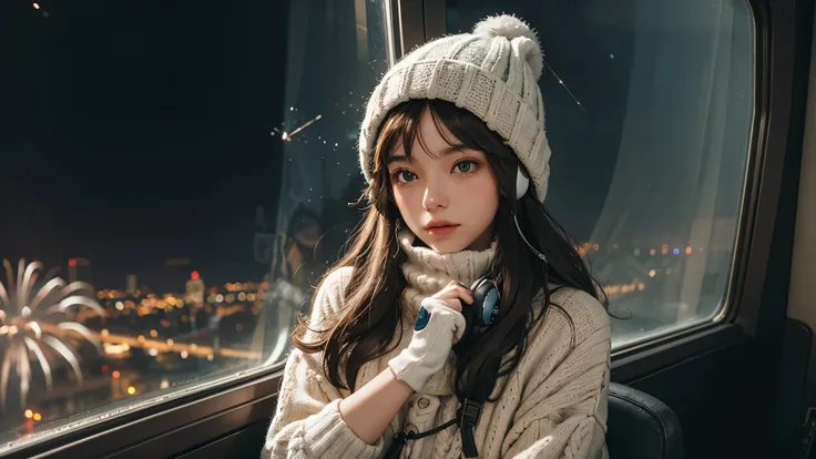 lofi relaxed one brunette girl with headphones flies in helicopter, looks in awe through window, head glued to window. winter night. beautiful landscape of statue of liberty with (fireworks) in night sky.. travel. tourist. sweater, gloves, winter hat. long...